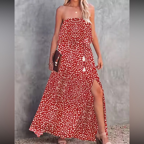 Boho dots drawstring waist tube maxi dress - Picture 4 of 16